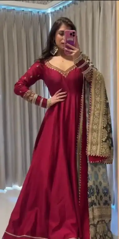 KD 1552 Red Chinon Silk Gown Perfect for Wedding, Party, Family Gatherings, Baisakhi, Baby Shower – . Grab it for ₹1999. Delivery 4-6 Working Days. | Gowns, Bollywood Gowns, Creative Gowns, Designer Gowns, Embroidered Gowns, Party Wear Gowns