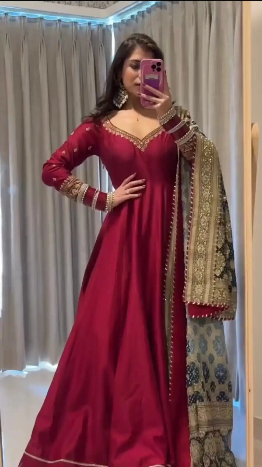 KD 1552 Red Chinon Silk Gown Perfect for Wedding, Party, Family Gatherings, Baisakhi, Baby Shower – . Grab it for ₹1999. Delivery 4-6 Working Days. | Gowns, Bollywood Gowns, Creative Gowns, Designer Gowns, Embroidered Gowns, Party Wear Gowns