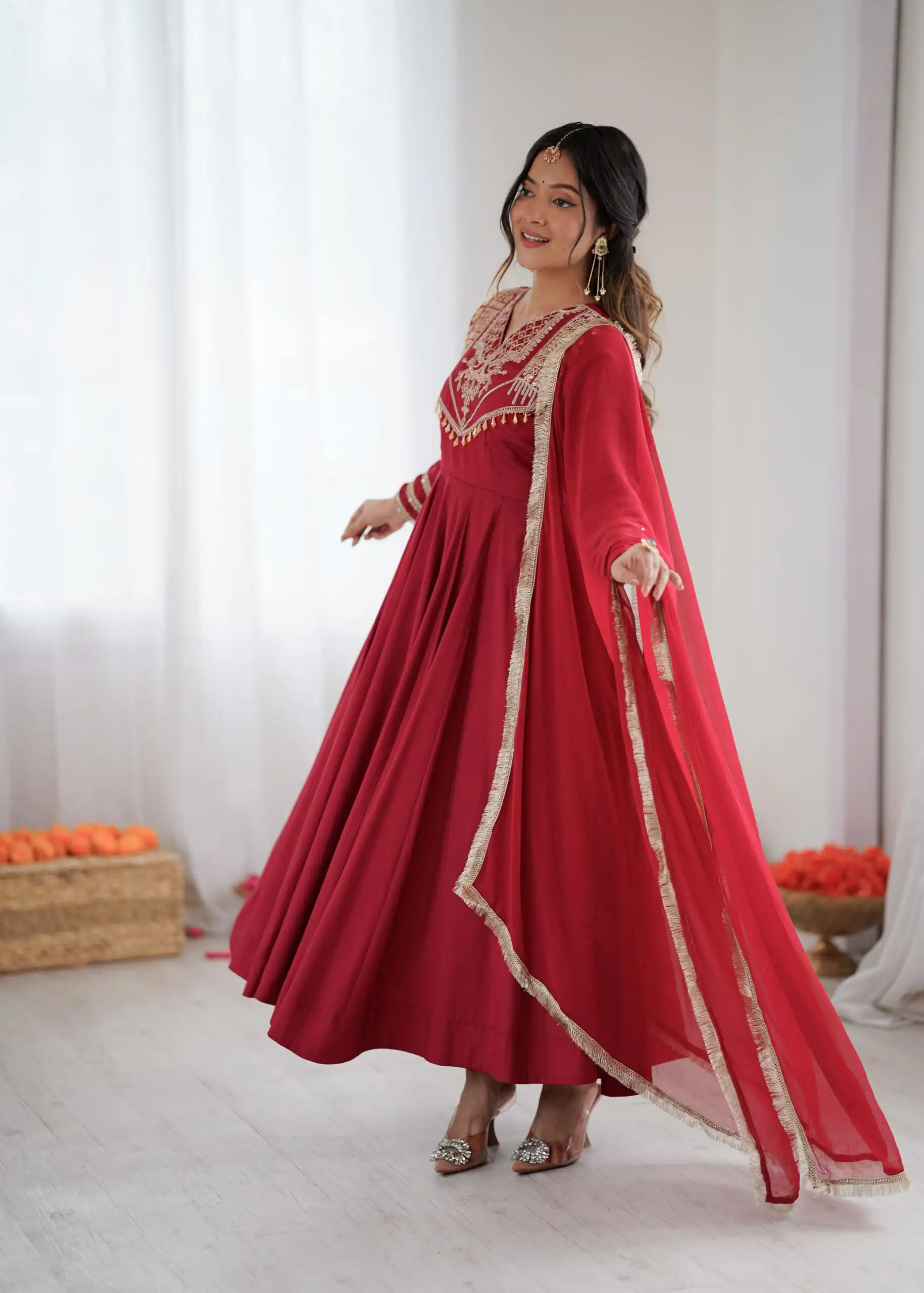 ZSR 3149 Red Roman silk Gown Perfect for Wedding, Party, Sangeet, Haldi, Lohri – . Introductory Price ₹2099. Delivery 4-6 Working Days. Shop now. | Gowns, Bollywood Gowns, Creative Gowns, Designer Gowns, Embroidered Gowns, Party Wear Gowns