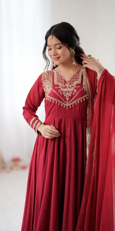 ZSR 3149 Red Roman silk Gown Perfect for Wedding, Party, Sangeet, Haldi, Lohri – . Introductory Price ₹2099. Delivery 4-6 Working Days. Shop now. | Gowns, Bollywood Gowns, Creative Gowns, Designer Gowns, Embroidered Gowns, Party Wear Gowns