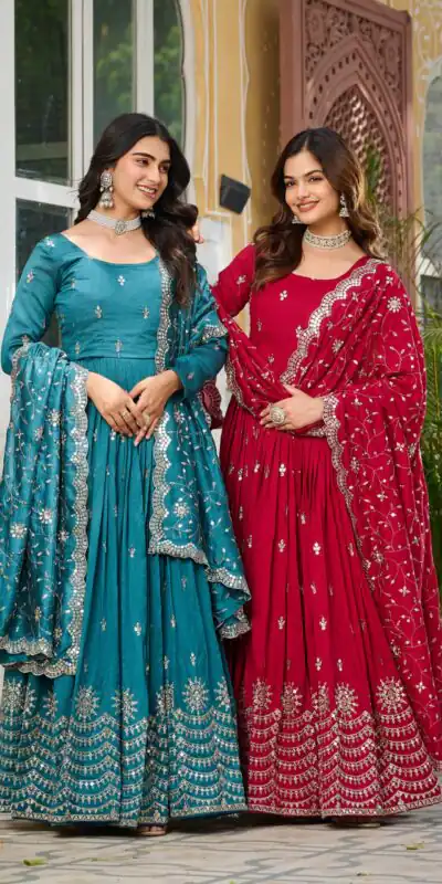 Ram 097 Red Vichitra Silk Gown with Embroidery Work. Wedding, Party, Festive, Events Affordable Price ₹2549. Delivery 4-6 Working Days. Shop now. | Gowns, Bollywood Gowns, Creative Gowns, Designer Gowns, Embroidered Gowns, Party Wear Gowns