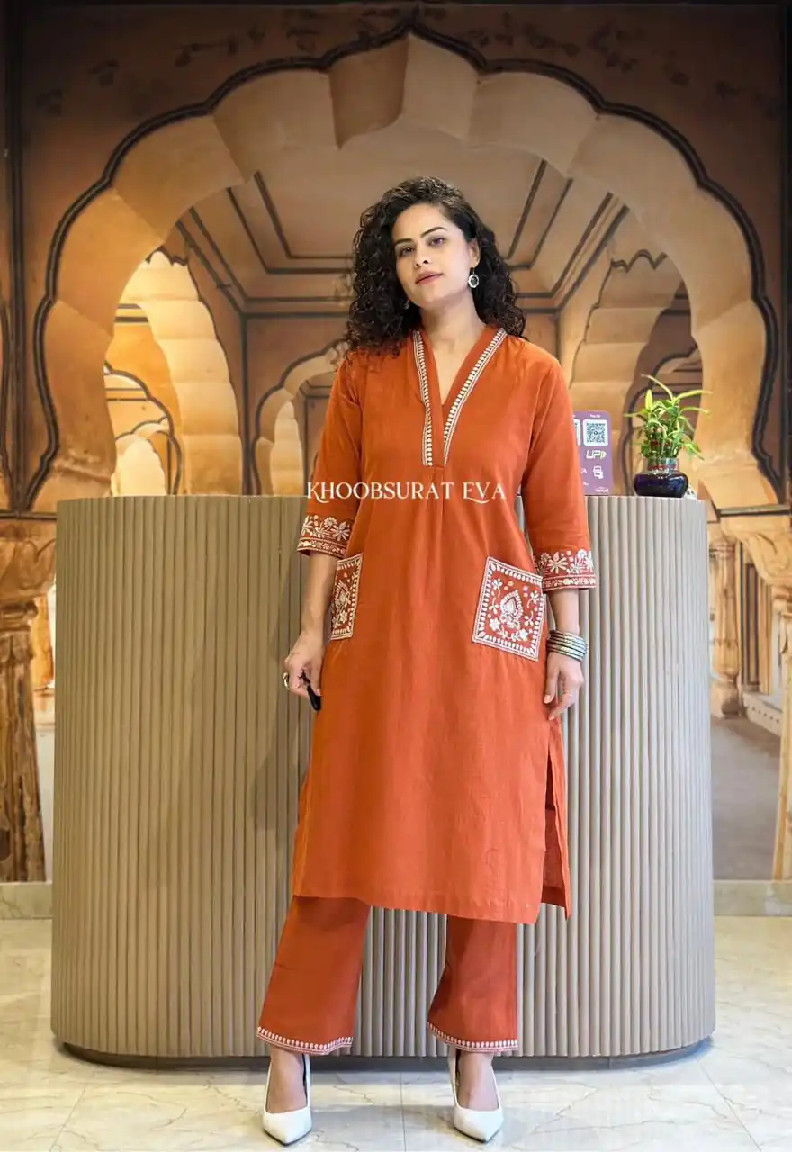 Rust Cambric Cotton Embroidery Lace Work Kurti - Image 2