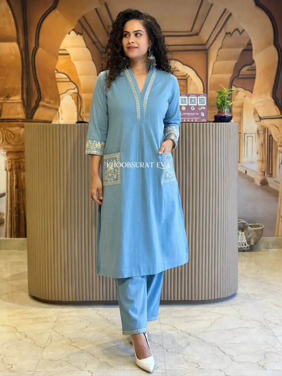 Sky Blue Cambric Cotton Embroidery Lace Work Kurti - Image 2