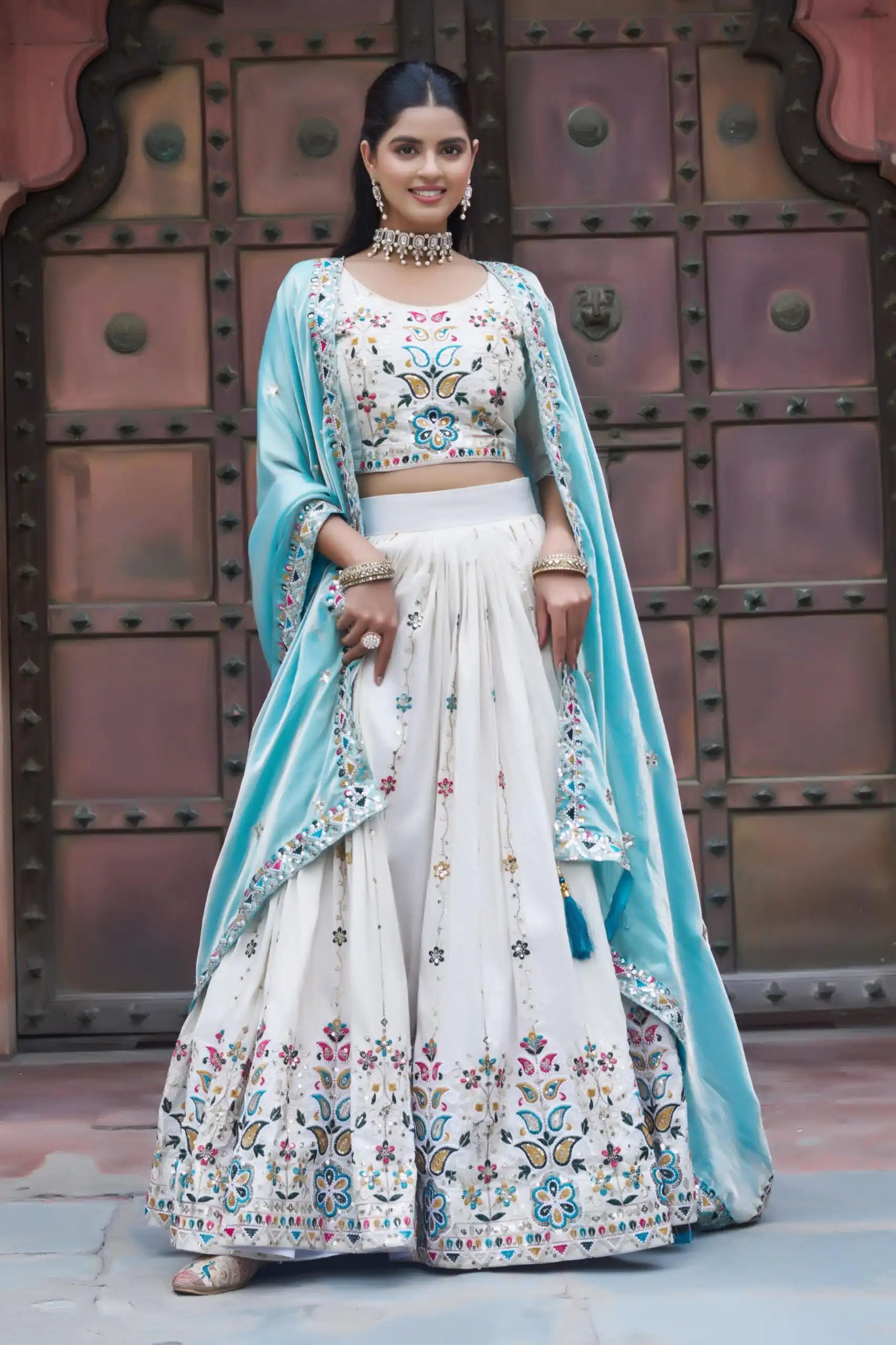Sky Blue Tissue Silk Thread Embroidery Work Lehenga Choli - Image 5