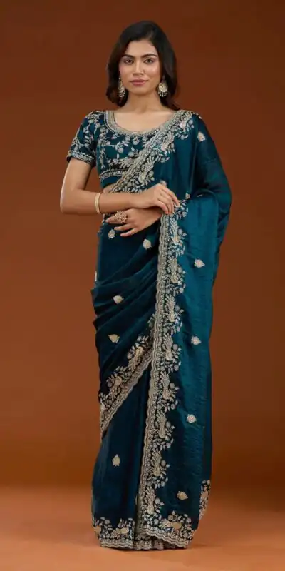 E BT 438 Teal in Fandy Satin Silk mbroidery Work & Zari Work Saree. Special Price ₹1949. Delivery 4-6 Working Days. Shop now. | Sarees, Bollywood Sarees, Creative Sarees, Designer Sarees, Embroidered Sarees, Ethnic Saree, Modern Digital sarees, Party Wear Sarees