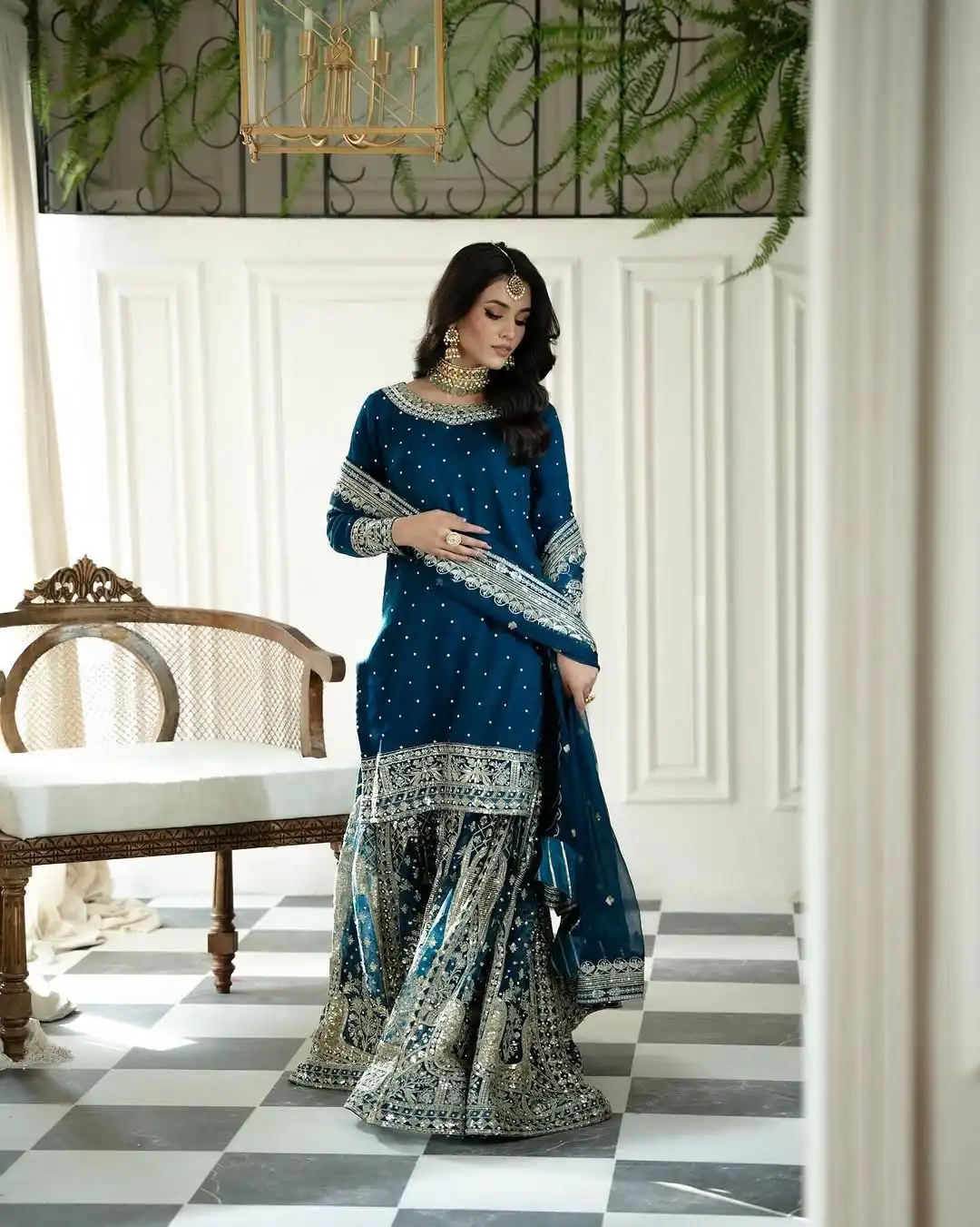 Teal Faux Georgette Embroidery Rivet Moti Work Salwar Suit