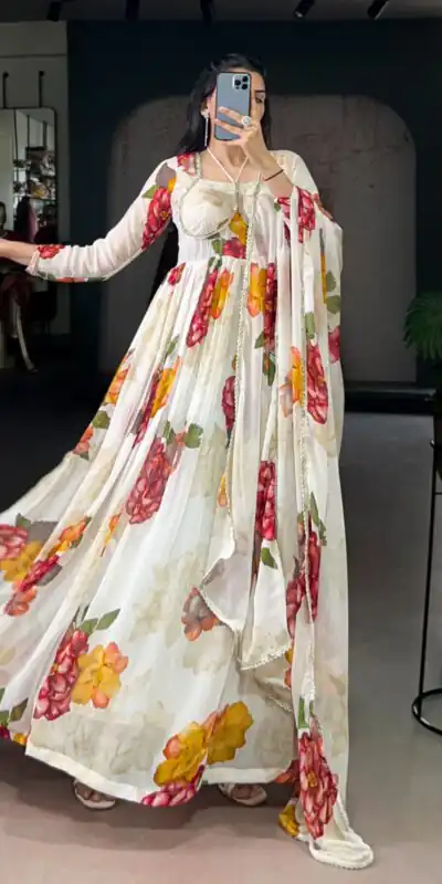 YNF 5103 White Lace Work Gown in Chiffon. Get it for ₹1899. Wedding, Party, Festive, Events Delivery 4-6 Working Days. Shop now. | Gowns, Bollywood Gowns, Creative Gowns, Designer Gowns, Embroidered Gowns, Party Wear Gowns