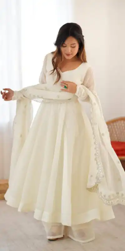 White Fandy Silk Embroidery Work Gown