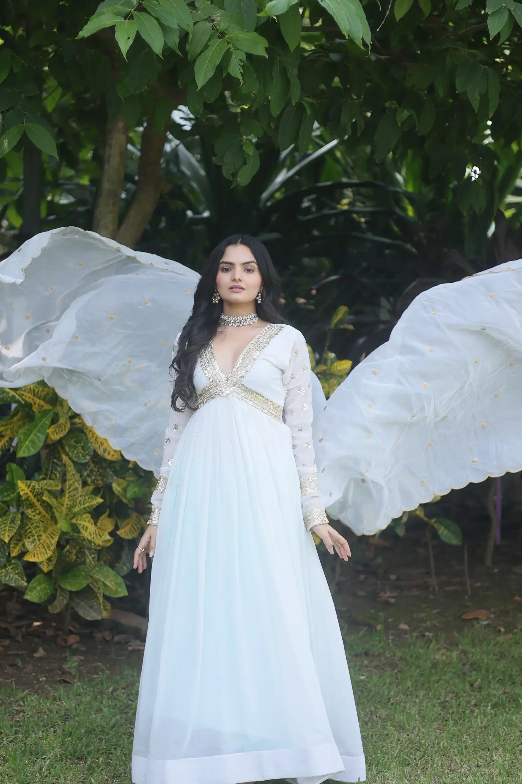 KA 1067 White Faux Blooming Gown Perfect for Wedding, Party, Haldi, Raksha Bandhan, Traditional Day – . Exclusive Offer ₹1849. Delivery 4-6 Working Da | Gowns, Bollywood Gowns, Creative Gowns, Designer Gowns, Embroidered Gowns, Party Wear Gowns