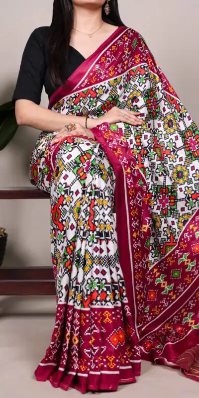 YNF 7801 White Gaji Silk Saree with Patola Print. Wedding, Party, Festive, Events, Best Price ₹2999. Delivery 4-6 Working Days. Shop now. | Sarees, Bollywood Sarees, Creative Sarees, Designer Sarees, Embroidered Sarees, Ethnic Saree, Modern Digital sarees, Party Wear Sarees