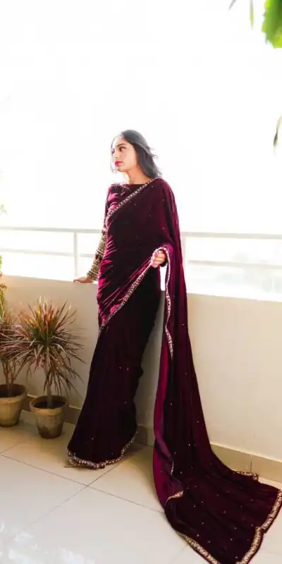ST 403 Wine in 9000 Velvet Embroidery Work & Lace Work Saree . Introductory Price ₹1999. Delivery 4-6 Working Days. Shop now. | Sarees, Bollywood Sarees, Creative Sarees, Designer Sarees, Embroidered Sarees, Ethnic Saree, Modern Digital sarees, Party Wear Sarees