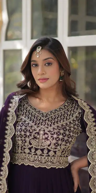 KA 1137 Wine Color Faux Blooming Gown with Embroidery Work & Zari Work. Best Price ₹2599. Delivery 4-6 Working Days. Shop now. | Gowns, Bollywood Gowns, Creative Gowns, Designer Gowns, Embroidered Gowns, Party Wear Gowns