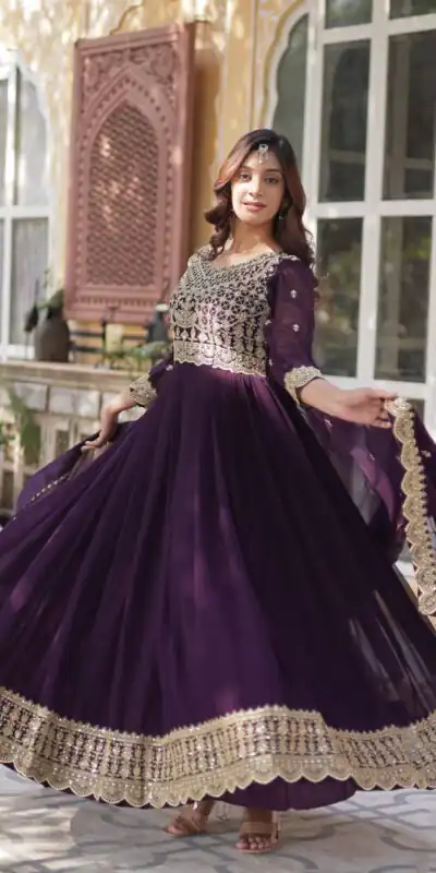 KA 1137 Wine Color Faux Blooming Gown with Embroidery Work & Zari Work. Best Price ₹2599. Delivery 4-6 Working Days. Shop now. | Gowns, Bollywood Gowns, Creative Gowns, Designer Gowns, Embroidered Gowns, Party Wear Gowns