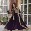 KA 1153 Wine Faux Blooming Gown with Embroidery Work & Zari Work. Available at ₹2599 only. Delivery 4-6 Working Days. Shop now. | Gowns, Bollywood Gowns, Creative Gowns, Designer Gowns, Embroidered Gowns, Party Wear Gowns