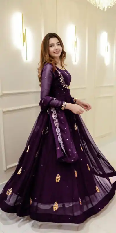 LG 2006 Wine Georgette Gown Perfect for Wedding, Party, Engagement, Diwali, Sangeet . Exclusive Offer ₹1999. Delivery 4-6 Working Days. Shop now. | Gowns, Bollywood Gowns, Creative Gowns, Designer Gowns, Embroidered Gowns, Party Wear Gowns