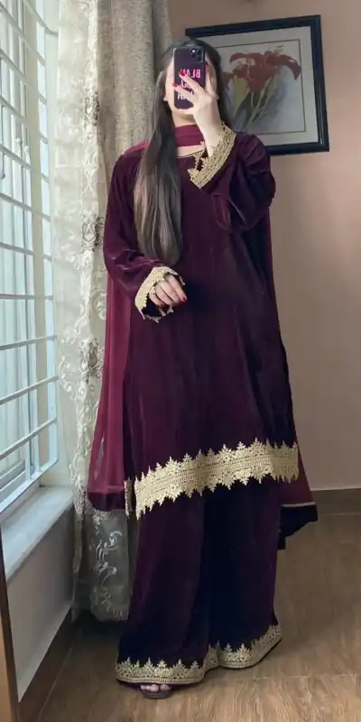 Wine Georgette Lace Embroidery Work Salwar Suit