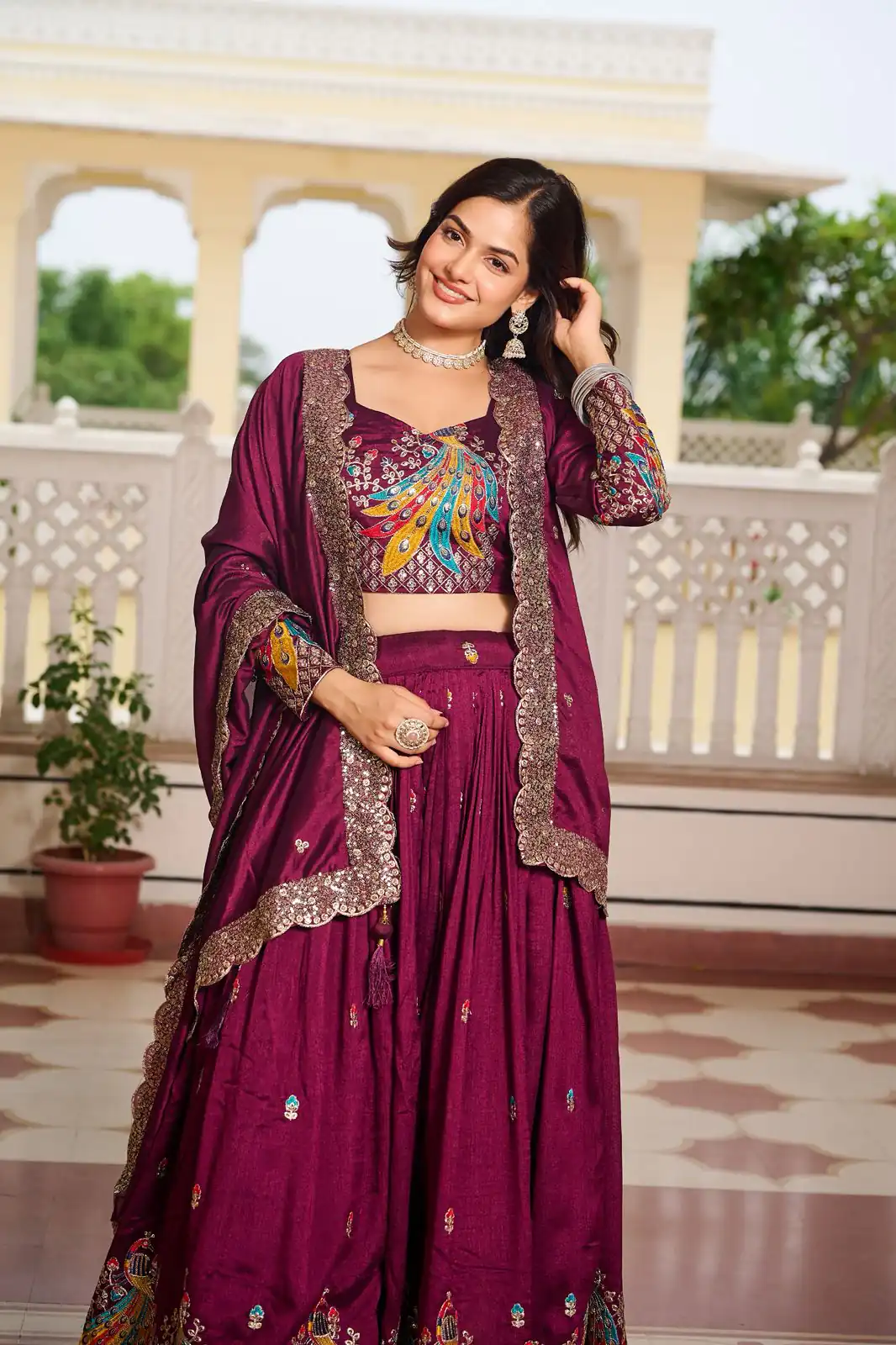 Wine Vichitra Embroidery Work Lehenga Choli - Image 6