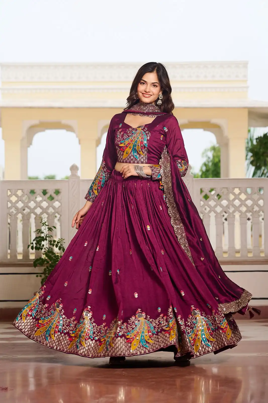 Wine Vichitra Embroidery Work Lehenga Choli - Image 5