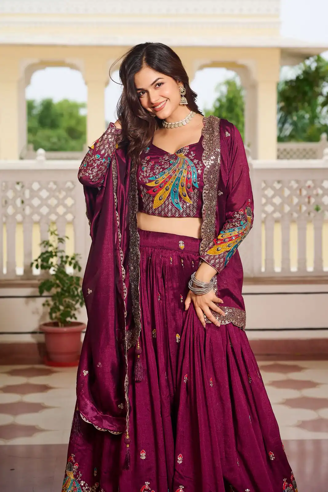 Wine Vichitra Embroidery Work Lehenga Choli - Image 2