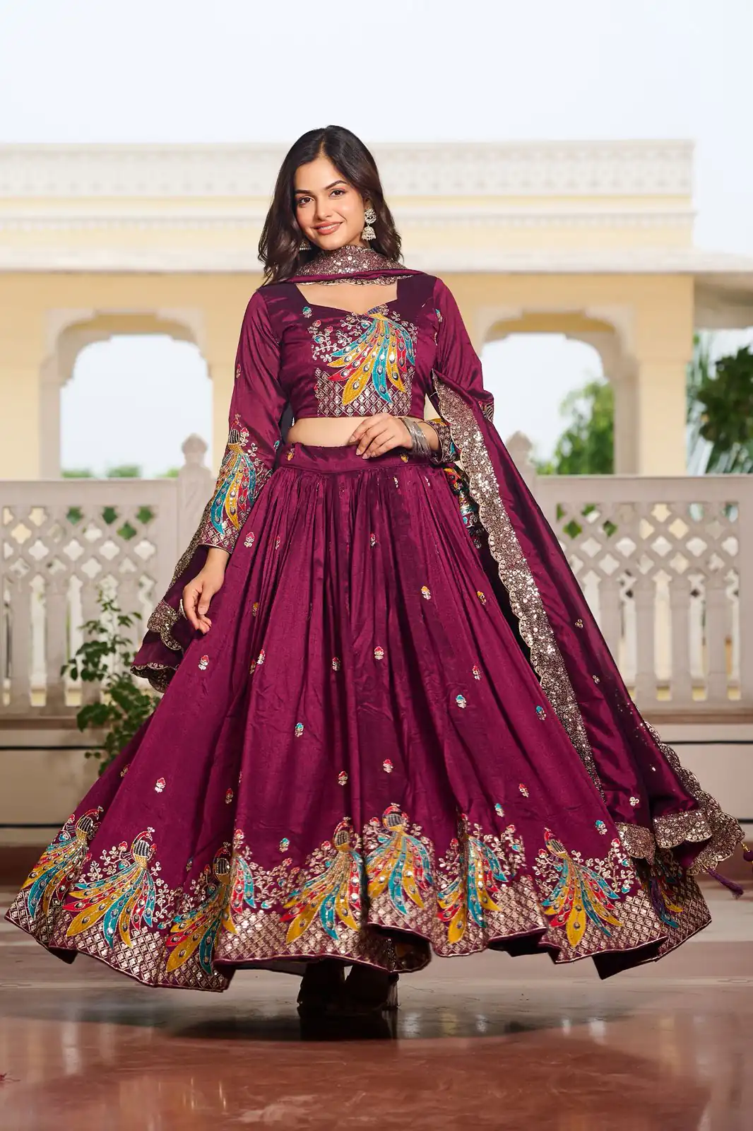 Wine Vichitra Embroidery Work Lehenga Choli
