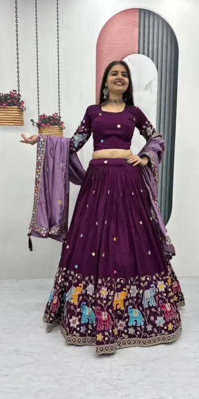 PC 545 Wine Vichitra Silk Lehenga Choli with Lace Border & Lace Work. Special Price ₹3249. Delivery 4-6 Working Days. Shop now. | Lehenga, Bollywood Lehenga, Creative Lehenga, Designer Lehenga, Embroidered Lehenga, Party Wear Lehenga