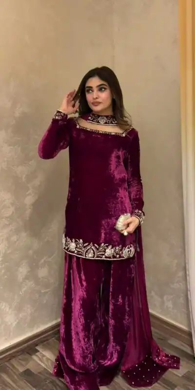 Wine Viscose Velvet Sequence Work Salwar Suit
