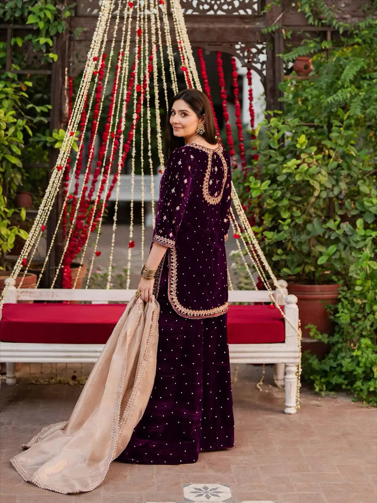 Wine Viscose Velvet Thread Sequence Work Salwar Suit - Image 2