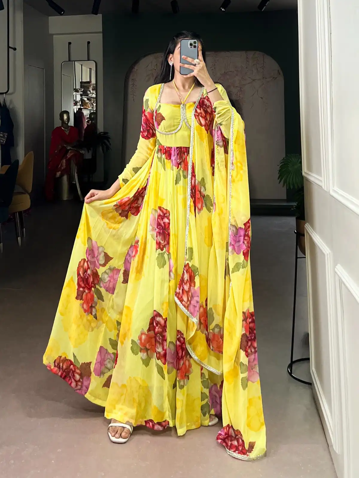 YNF 5103 Yellow Lace Work Gown in Chiffon. Get it for ₹1899. Wedding, Party, Festive, Events Delivery 4-6 Working Days. Shop now. | Gowns, Bollywood Gowns, Creative Gowns, Designer Gowns, Embroidered Gowns, Party Wear Gowns