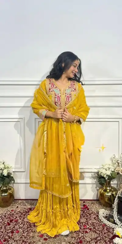 Yellow Chinon Silk With Lace Work Salwar Suit