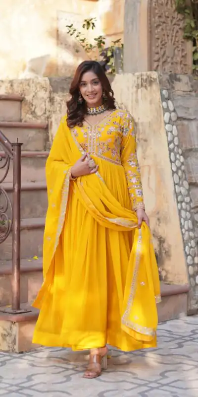 KA 1147 Yellow in Color Faux Blooming Embroidery Work & Zari Work Gown . Grab it for ₹2049. Delivery 4-6 Working Days. Shop now. | Gowns, Bollywood Gowns, Creative Gowns, Designer Gowns, Embroidered Gowns, Party Wear Gowns