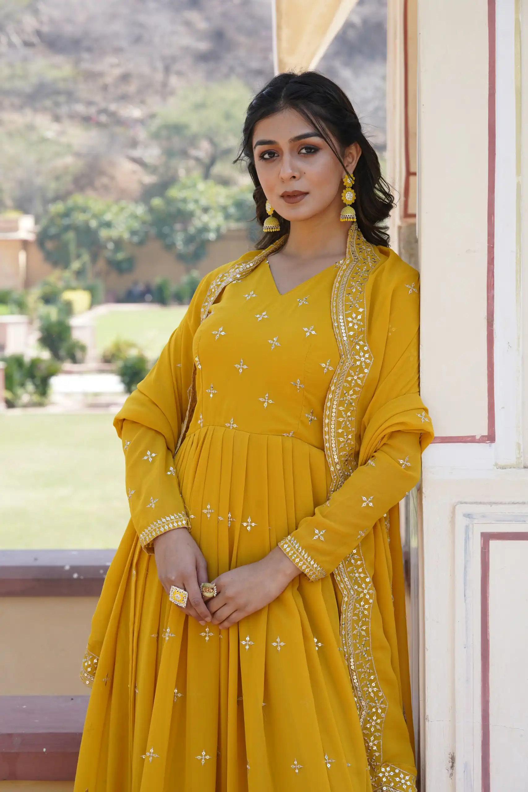 KA 1084 Yellow Faux Georgette Gown Perfect for Wedding, Party, Pooja, Festival Celebrations, Bridal Wear – . Festive Deal ₹2649. Delivery 4-6 Working | Gowns, Bollywood Gowns, Creative Gowns, Designer Gowns, Embroidered Gowns, Party Wear Gowns