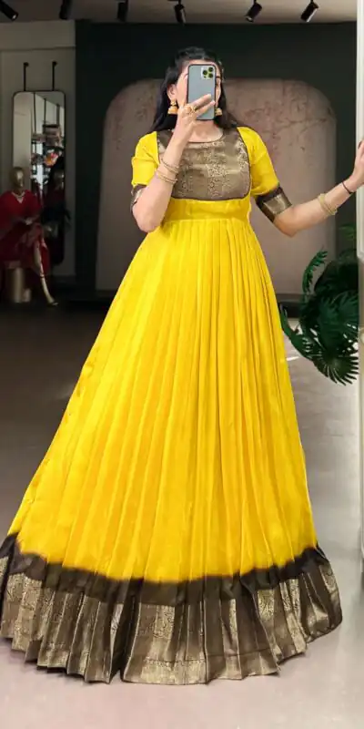 YNF 5012 Yellow Mass Mello Gown with Zari Work. Available at ₹1799 only. Wedding, Party, Festive, Events Delivery 4-6 Working Days. Shop now. | Gowns, Bollywood Gowns, Creative Gowns, Designer Gowns, Embroidered Gowns, Party Wear Gowns