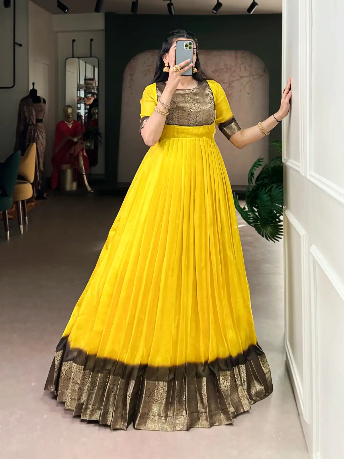 YNF 5012 Yellow Mass Mello Gown with Zari Work. Available at ₹1799 only. Wedding, Party, Festive, Events Delivery 4-6 Working Days. Shop now. | Gowns, Bollywood Gowns, Creative Gowns, Designer Gowns, Embroidered Gowns, Party Wear Gowns