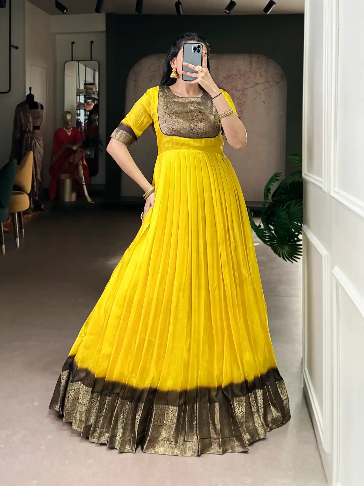 YNF 5012 Yellow Mass Mello Gown with Zari Work. Available at ₹1799 only. Wedding, Party, Festive, Events Delivery 4-6 Working Days. Shop now. | Gowns, Bollywood Gowns, Creative Gowns, Designer Gowns, Embroidered Gowns, Party Wear Gowns