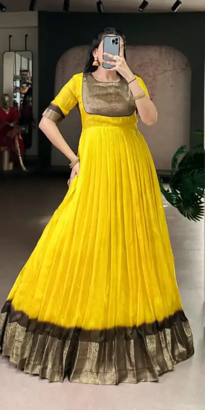 YNF 5012 Yellow Mass Mello Gown with Zari Work. Available at ₹1799 only. Wedding, Party, Festive, Events Delivery 4-6 Working Days. Shop now. | Gowns, Bollywood Gowns, Creative Gowns, Designer Gowns, Embroidered Gowns, Party Wear Gowns