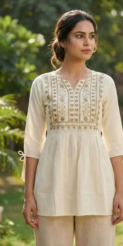 Off White Rayon Thread Work Fancy Kurti