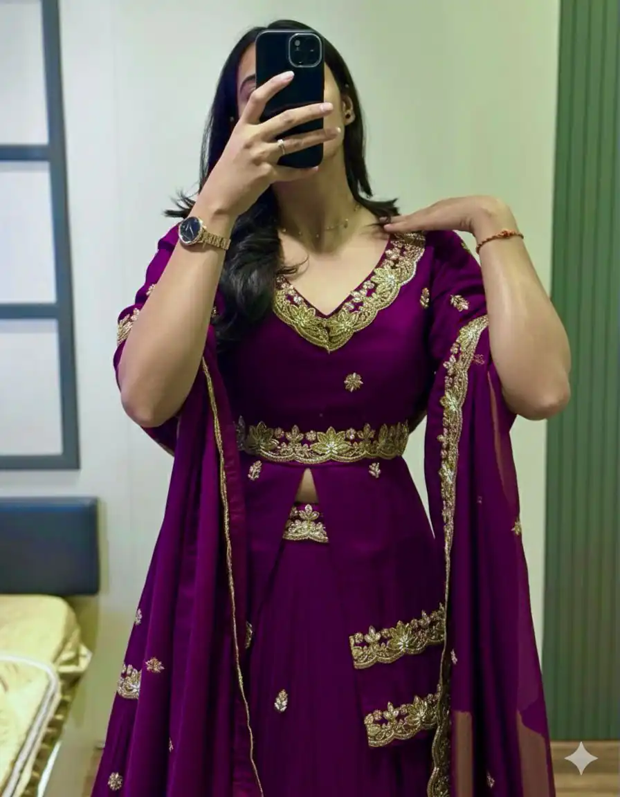 Purple Chinon Silk Thread Work Lehenga Choli - Image 2