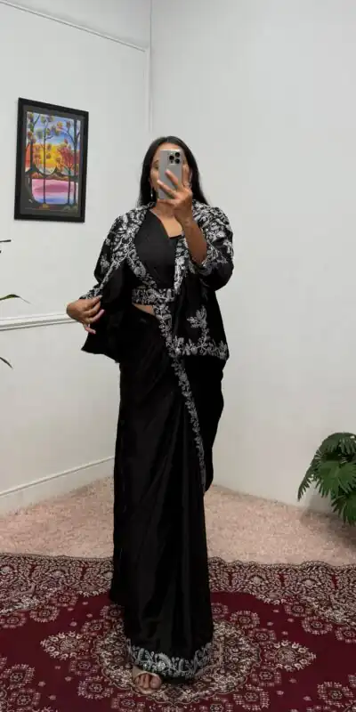 ST 1090 Black Color Chinon Saree with Embroidery Work & Lace Work. Now at just ₹2099. Delivery 4-6 Working Days. Shop now. | Sarees, Bollywood Sarees, Creative Sarees, Designer Sarees, Embroidered Sarees, Ethnic Saree, Modern Digital sarees, Party Wear Sarees