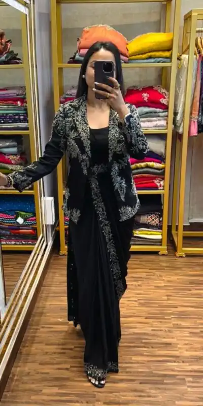 ST 1090 Black Color Chinon Saree with Embroidery Work & Lace Work. Now at just ₹2099. Delivery 4-6 Working Days. Shop now. | Sarees, Bollywood Sarees, Creative Sarees, Designer Sarees, Embroidered Sarees, Ethnic Saree, Modern Digital sarees, Party Wear Sarees