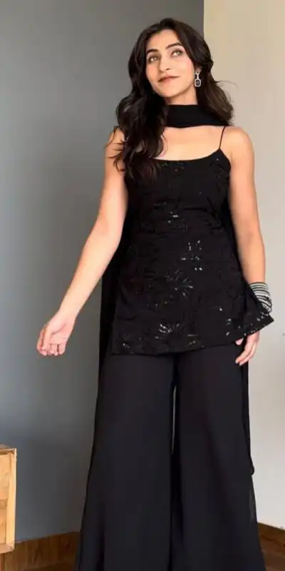 BD 1825 Black Faux Georgette Salwar Suit with Sequins Work & Embroidery Work. Affordable Price ₹1949. Delivery 4-6 Working Days. Shop now. | Jump Suits, Salwar suit, Casual Suits, Creative suits, Designer Suits, Palazzo Suits, Party Wear Suits, Patiala Suits, Straight Suits