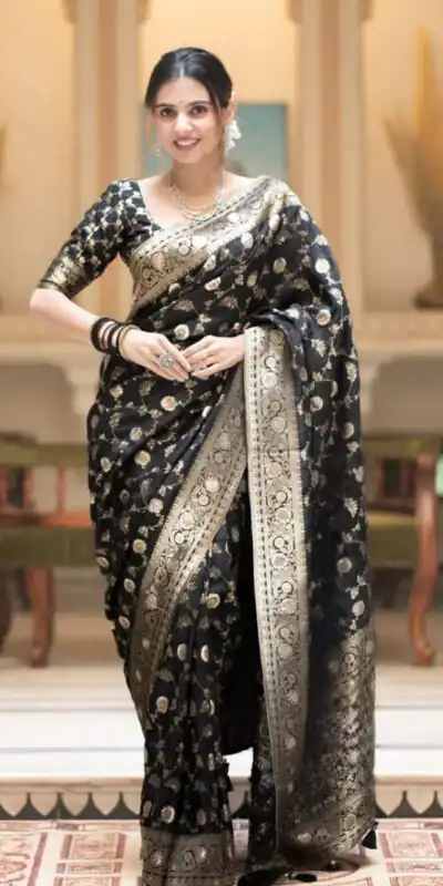 KPR 208 Black in Color Soft Lichi Silk Designer Work Saree . Available at ₹1399 only. Delivery 4-6 Working Days. Shop now. | Sarees, Bollywood Sarees, Creative Sarees, Designer Sarees, Embroidered Sarees, Ethnic Saree, Modern Digital sarees, Party Wear Sarees