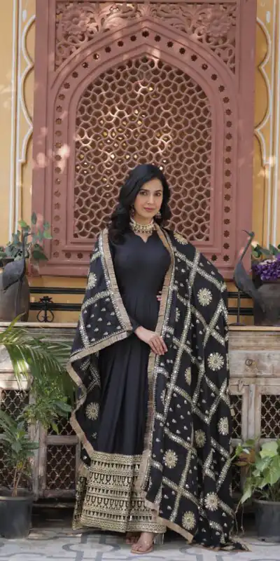 KA 1139 Black Star Georgette Gown Perfect for Wedding, Party, Onam, Mehendi, Traditional Day – . Affordable Price ₹3149. Delivery 4-6 Working Days. | Gowns, Bollywood Gowns, Creative Gowns, Designer Gowns, Embroidered Gowns, Party Wear Gowns