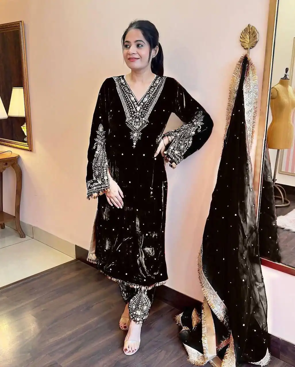 AD 134 Black Color Heavy Pure Viscose Velvet Embroidery Sharara Suit Wedding, Party, Festive, Events Etc. Expected Delivery  4-6 Working Days @2099/- | Jump Suits, Salwar suit, Casual Suits, Creative suits, Designer Suits, Palazzo Suits, Party Wear Suits, Patiala Suits, Straight Suits