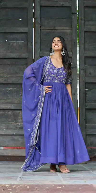 KA 1204 Blue Faux Blooming Gown with Sequins Work & Embroidery Work. Festive Deal ₹2449. Delivery 4-6 Working Days. Shop now. | Gowns, Bollywood Gowns, Creative Gowns, Designer Gowns, Embroidered Gowns, Party Wear Gowns