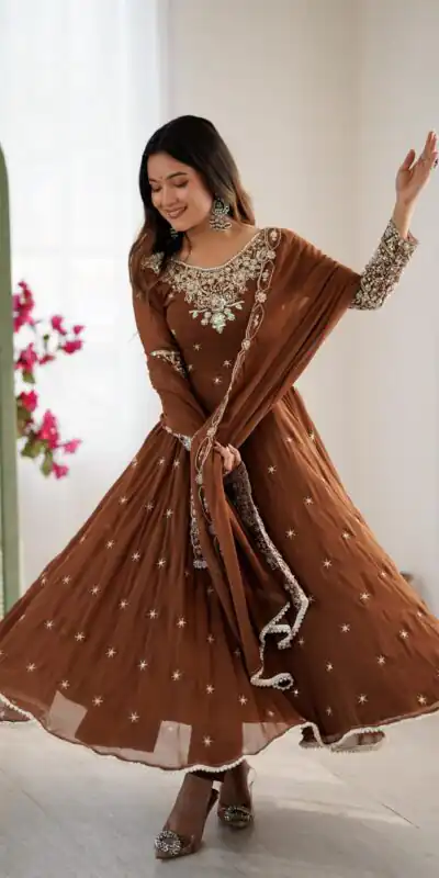 ZF 5012 Brown Blooming Faux Gown with Embroidery Work. Wedding, Party, Festive, Events Grab it for ₹2149. Delivery 4-6 Working Days. Shop now. | Lehenga, Bollywood Lehenga, Creative Lehenga, Designer Lehenga, Embroidered Lehenga, Party Wear Lehenga