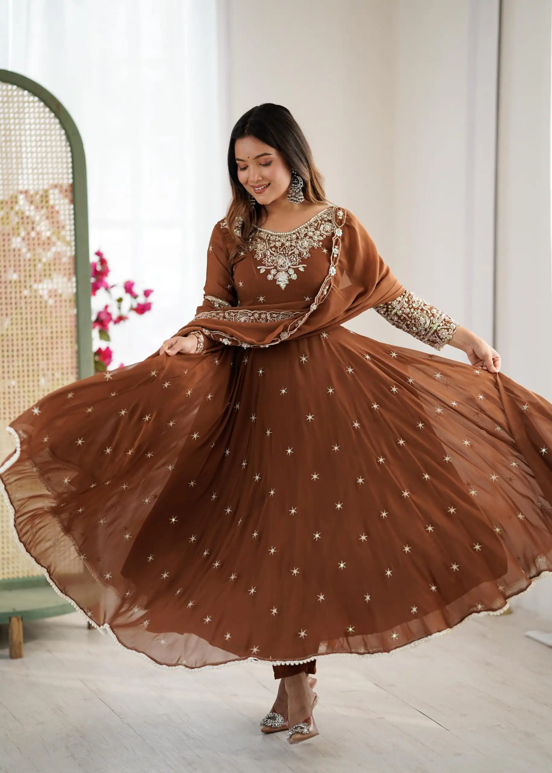 ZF 5012 Brown Blooming Faux Gown with Embroidery Work. Wedding, Party, Festive, Events Grab it for ₹2149. Delivery 4-6 Working Days. Shop now. | Lehenga, Bollywood Lehenga, Creative Lehenga, Designer Lehenga, Embroidered Lehenga, Party Wear Lehenga