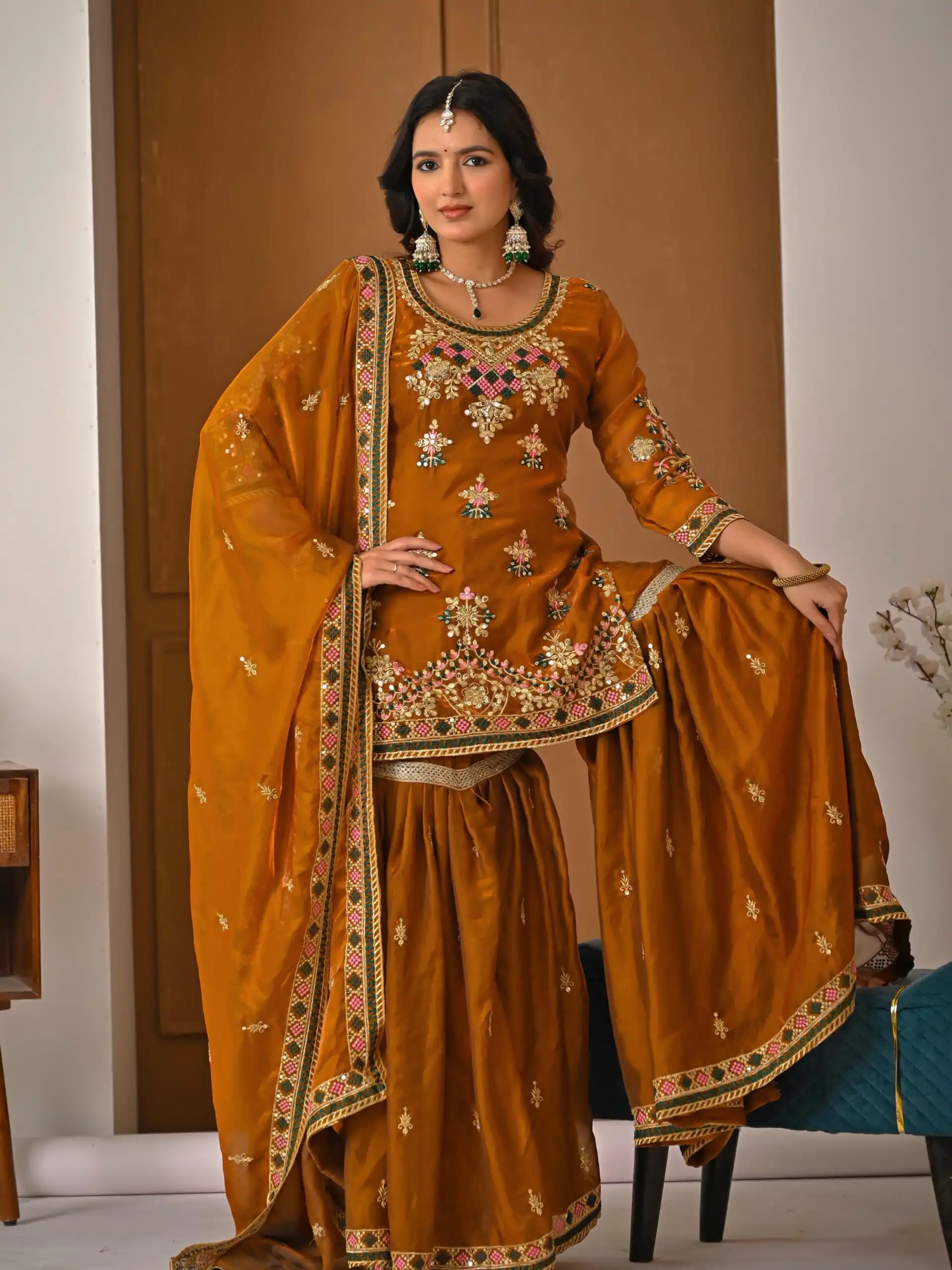 ND 5056 Brown Fandy Silk Salwar Suit with Embroidery Work. Wedding, Party, Festive, Events Now at just ₹2649. Delivery 4-6 Working Days. Shop now. | Jump Suits, Salwar suit, Casual Suits, Creative suits, Designer Suits, Palazzo Suits, Party Wear Suits, Patiala Suits, Straight Suits