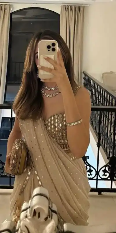 BD 1821 Chiku in Faux Georgette Mirror Work Saree . Wedding, Party, Festive, Events, Grab it for ₹2499. Delivery 4-6 Working Days. Shop now. | Sarees, Bollywood Sarees, Creative Sarees, Designer Sarees, Embroidered Sarees, Ethnic Saree, Modern Digital sarees, Party Wear Sarees