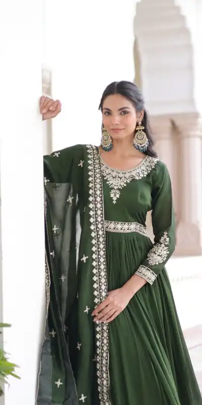 KA 1215 Green Vichitra Silk Gown Perfect for Wedding, Party, Holi, Anniversary, Mehendi –. Grab it for ₹2449. Delivery 4-6 Working Days. Shop now. | Gowns, Bollywood Gowns, Creative Gowns, Designer Gowns, Embroidered Gowns, Party Wear Gowns