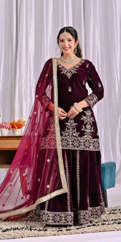 ND 5052 Maroon Viscous Velvet Salwar Suit Perfect for Wedding, Party, Reception, Eid, Temple Visit – . Introductory Price ₹2149. Delivery 4-6 Working | Jump Suits, Salwar suit, Casual Suits, Creative suits, Designer Suits, Palazzo Suits, Party Wear Suits, Patiala Suits, Straight Suits